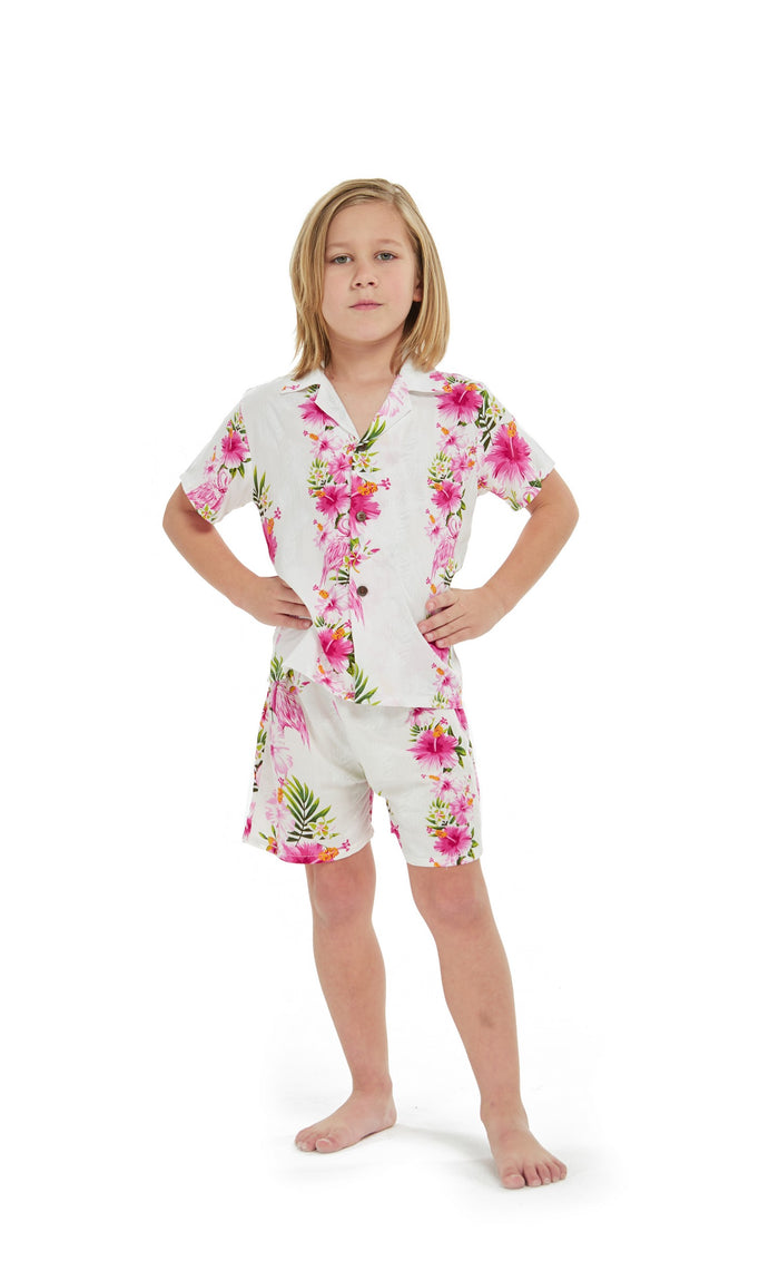 Boy Aloha Shirt Cabana Set in Pink Hibiscus Vine