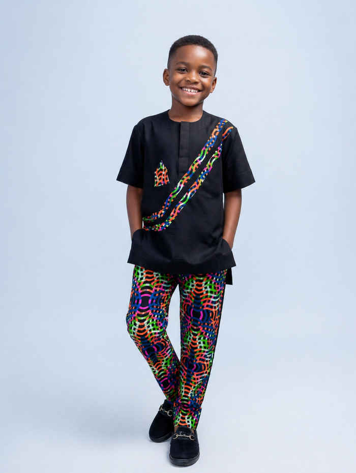 Buchi Boys African Co-Ord Set, Black shirt with Ankara Designs, Matching Pants