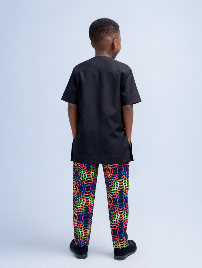 Buchi Boys African Co-Ord Set, Black shirt with Ankara Designs, Matching Pants