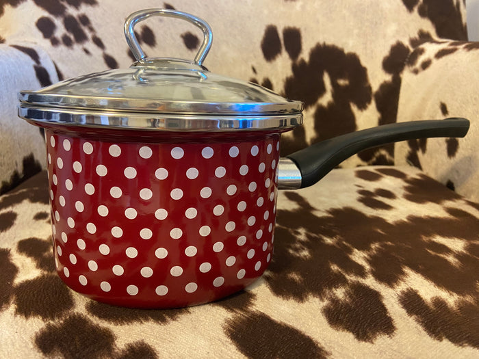 Burgundy 1.6qt Polka Dot Enamelware Saucepan w/ a Glass Lid - Deer Creek Mercantile