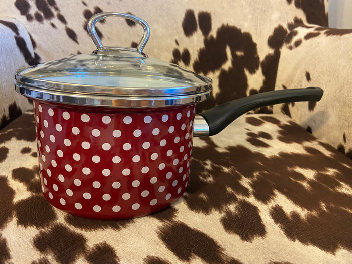 Burgundy 1.6qt Polka Dot Enamelware Saucepan w/ a Glass Lid - Deer Creek Mercantile