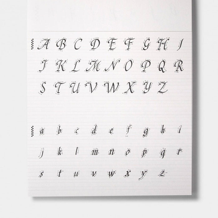 A calligraphy guide sheet with uppercase and lowercase letters and guide lines on light background