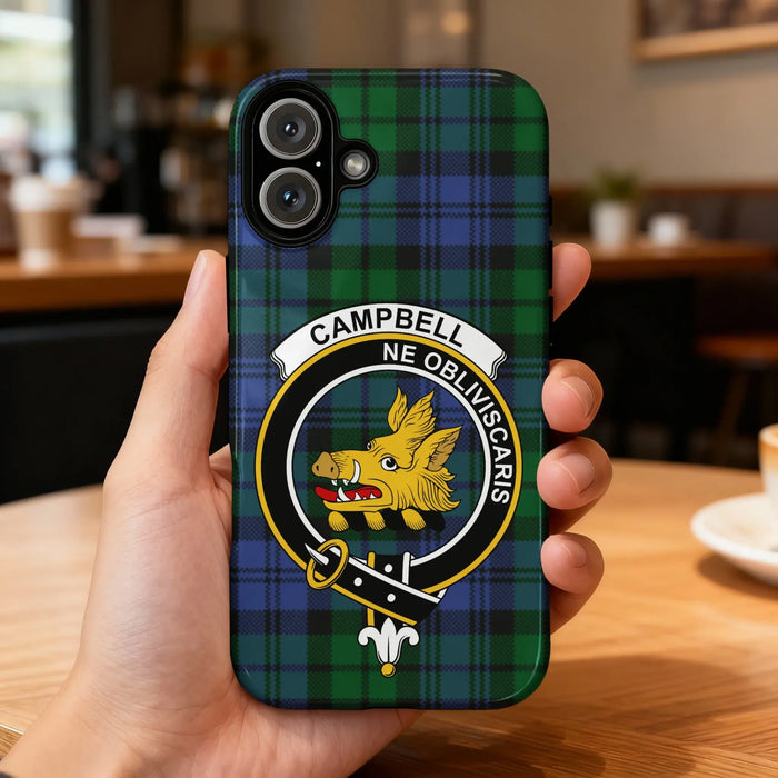 Campbell clan crest tough phone case with Ne Obliviscaris on a glossy tartan background
