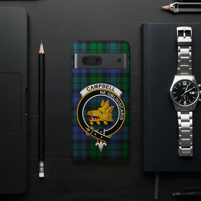 Rear view of a Campbell clan crest phone case with glossy boar’s-head design