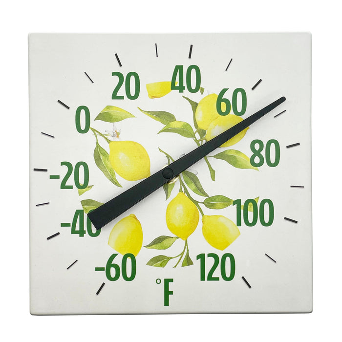 Decorative lemon pattern thermometer with a green numeric scale and black hands