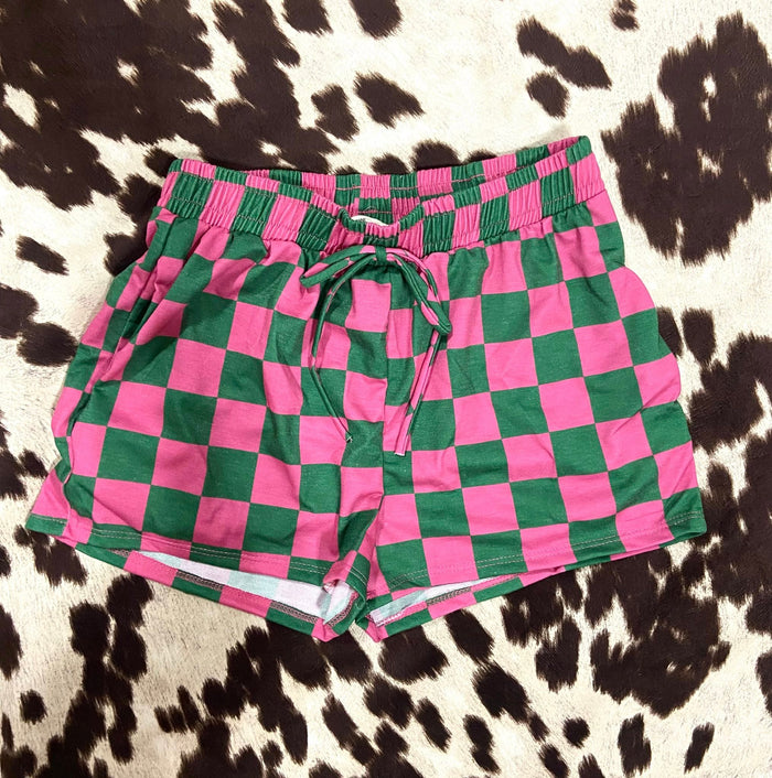 Check Mate Babe Pull On Shorts *Pink/Green - Deer Creek Mercantile