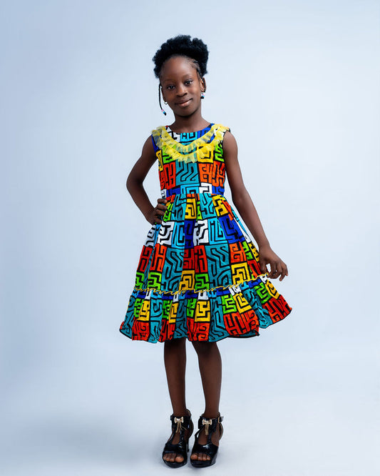 Chefa Girls African Dress, with Tulle Neckline, (Geometric Ankara)