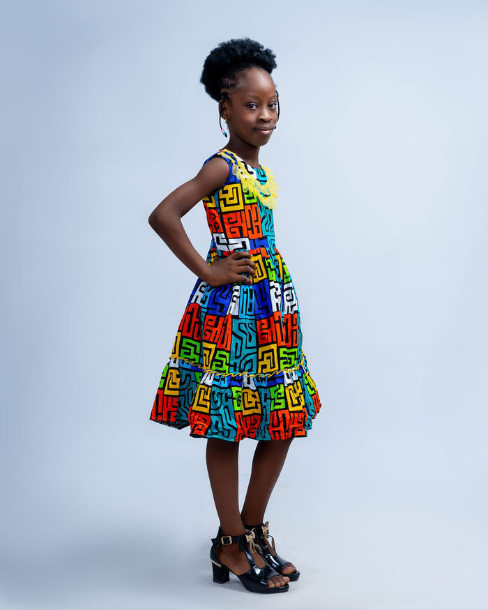 Chefa Girls African Dress, with Tulle Neckline, (Geometric Ankara)