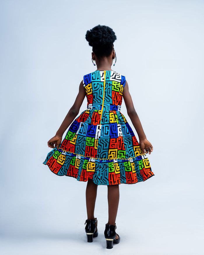 Chefa Girls African Dress, with Tulle Neckline, (Geometric Ankara)