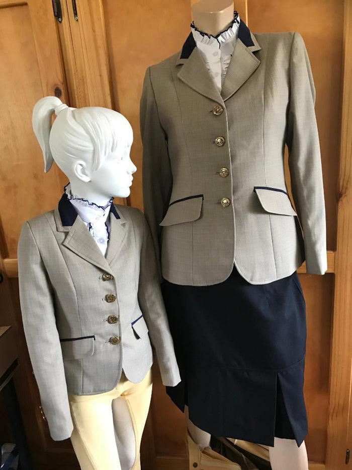 CLEARANCE Beige & Navy Check Show Hunter Or Stock Horse Jacket With Navy Trims Childs (195)