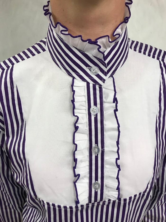 CLEARANCE Purple & White Striped Hrcav Ruffled Long Sleeve Shirt Adults Sizes 8 & 10 Only (135)