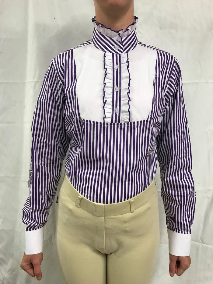 CLEARANCE Purple & White Striped Hrcav Ruffled Long Sleeve Shirt Adults Sizes 8 & 10 Only (135)