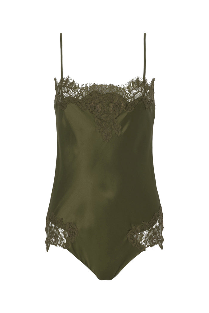 Coco Lace Silk Bodysuit - Dark Olive