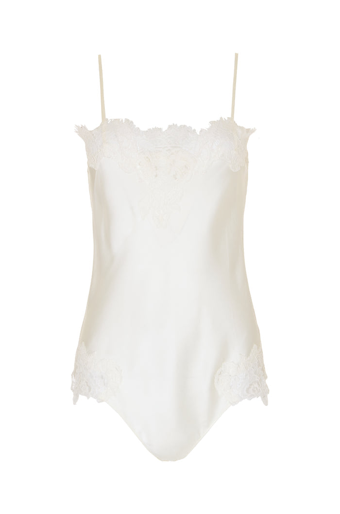 The Coco Lace Silk Bodysuit in dove.