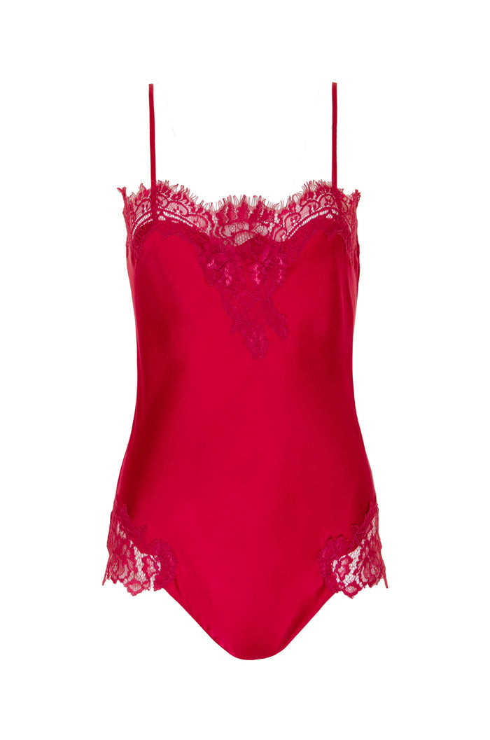The Coco Lace Silk Bodysuit in fuchsia.