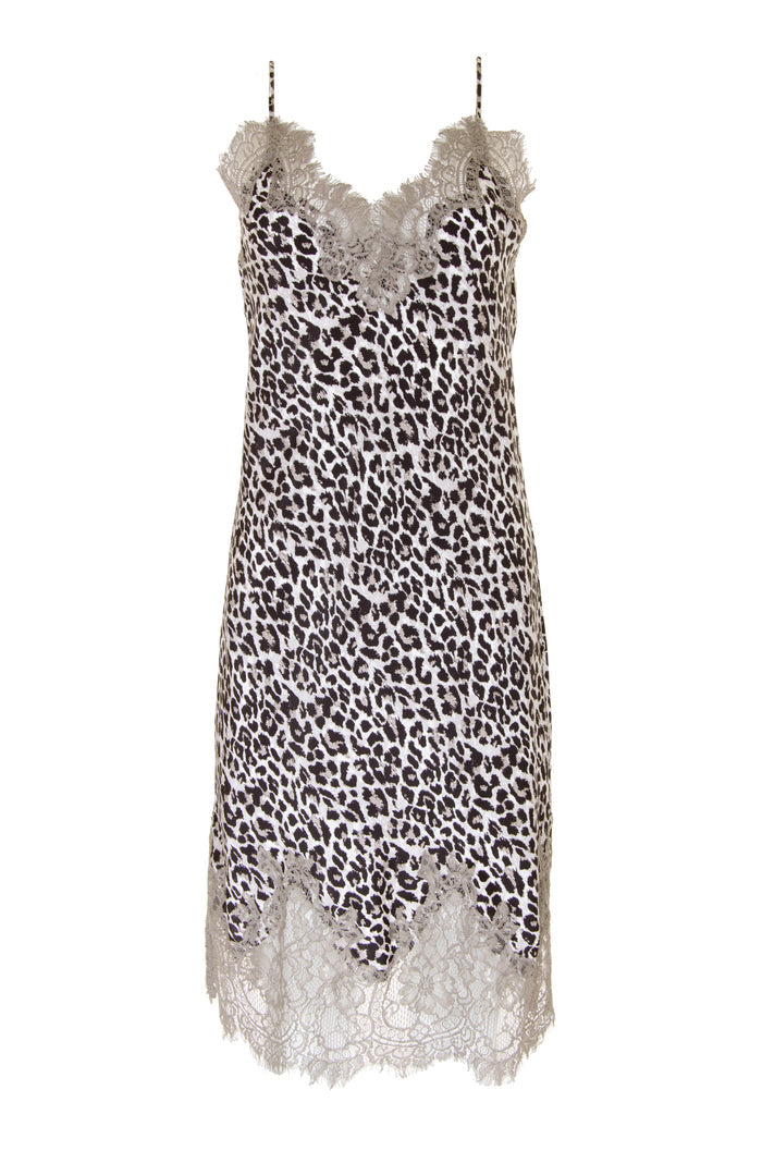 The Coco Print Silk Slip Dress in grey animal.