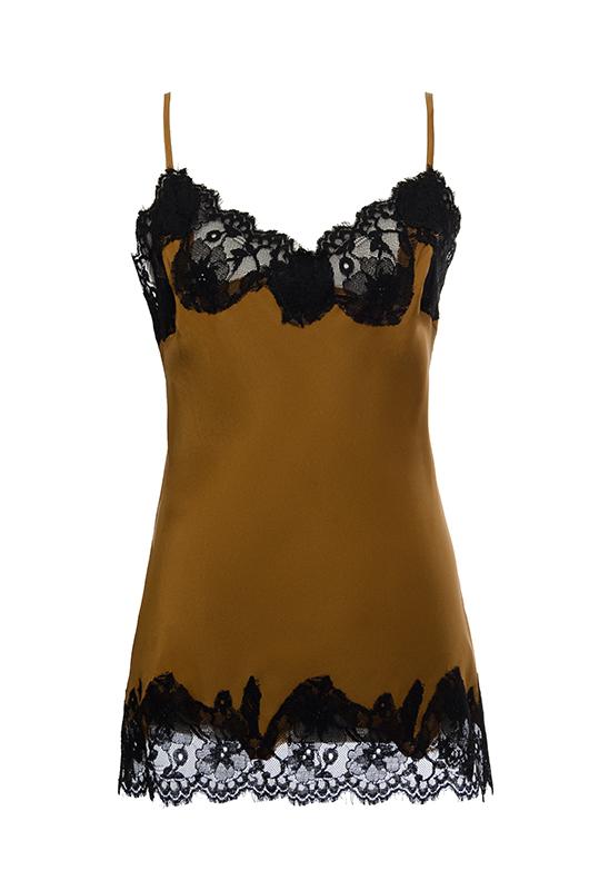 Contrast Marilyn Lace Silk Cami - Tobacco / Black