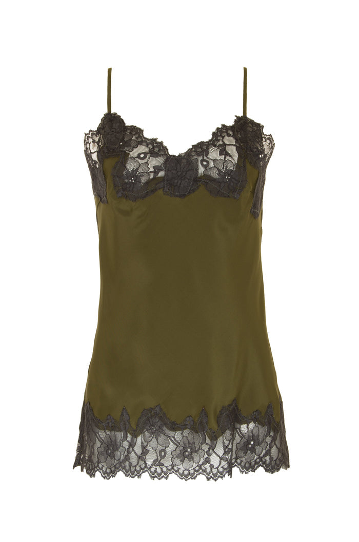 Contrast Marilyn Lace Silk Cami Dark Olive / Pewter