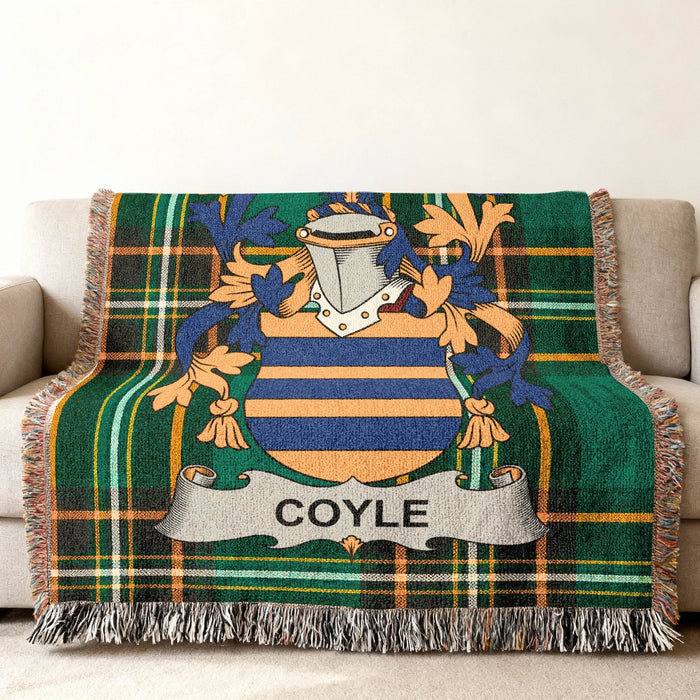 Detail of the Coyle crest woven into Irish National Tartan.