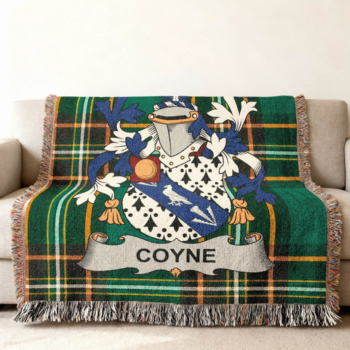 Detail of the Coyne crest woven into Irish National Tartan.