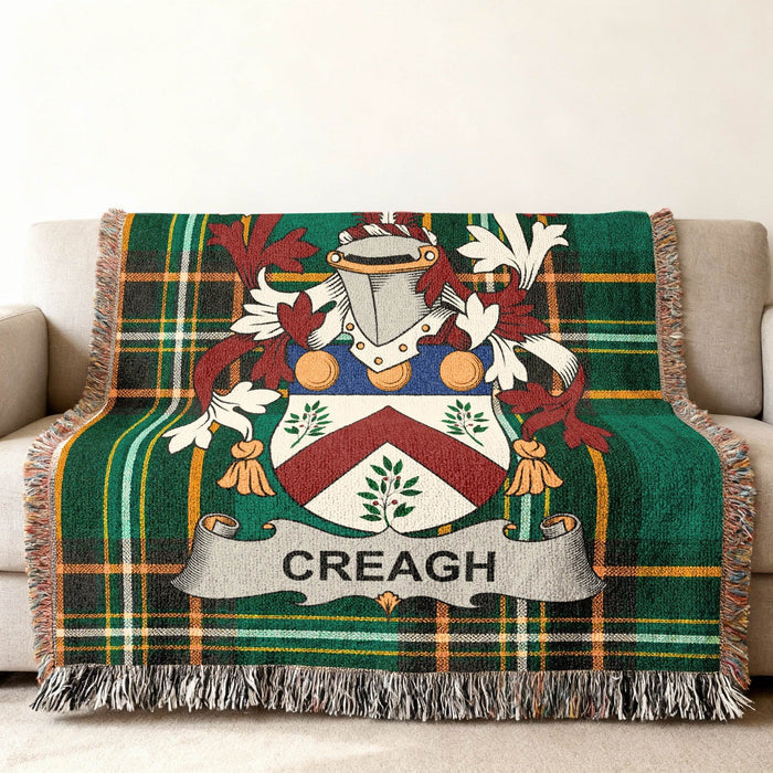 Creagh crest woven into an Irish National Tartan cotton throw