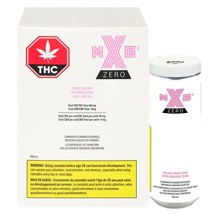 Box and can side-by-side showing the front of the Cream Soda Zero 4 Pack and matching can with pink MXG Zero logo on a white background.