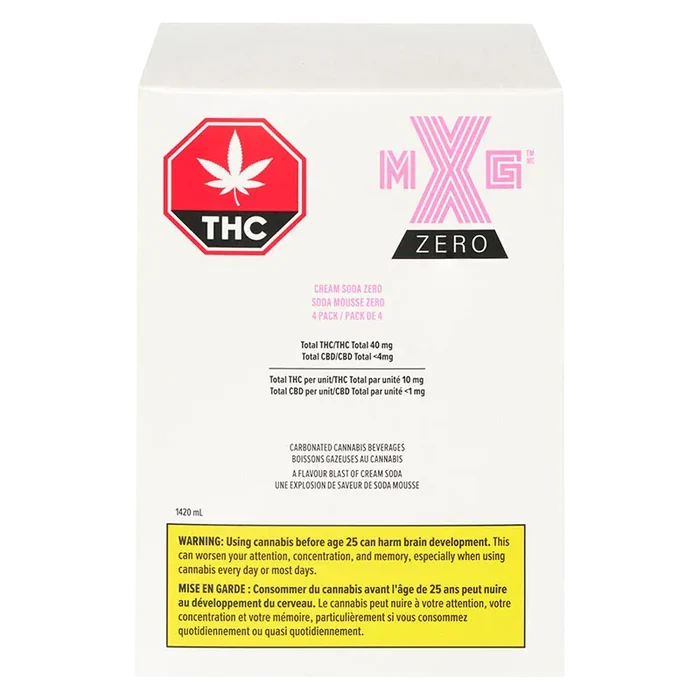 Back view of the Cream Soda Zero 4 Pack box showing a white panel with pink MXG Zero branding, a red THC symbol, ingredient text, and a yellow warning panel.