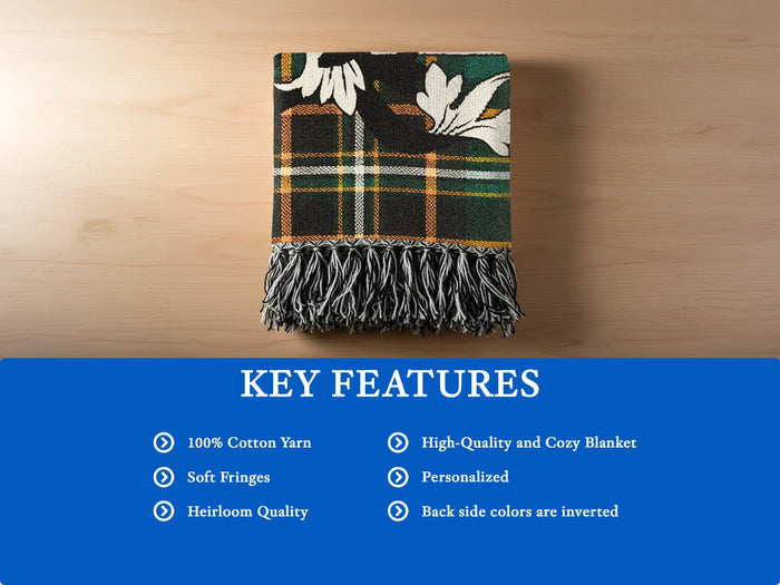 Crean woven blanket opened to show the full tartan design