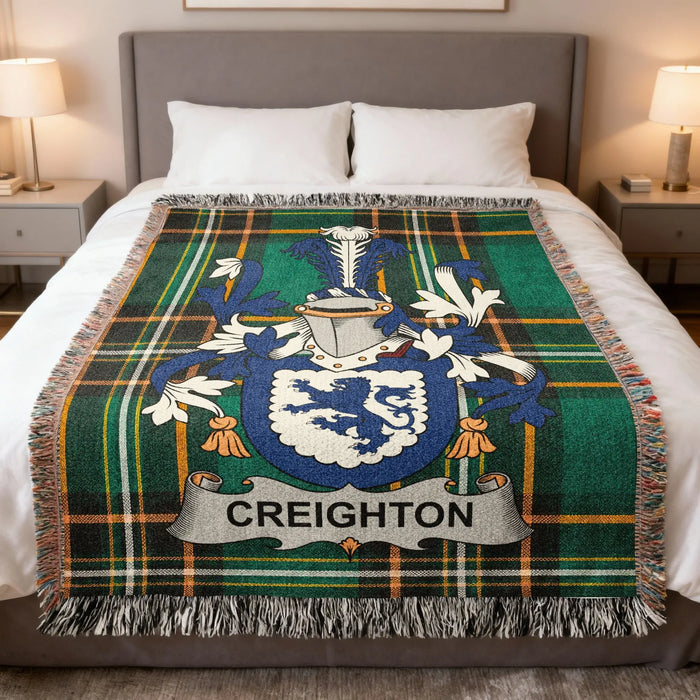 Creighton Irish family crest woven cotton blanket displayed on a bed