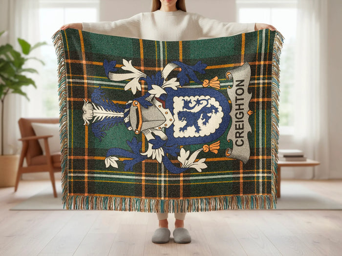 Creighton 100% cotton woven blanket feature details and fringed finish