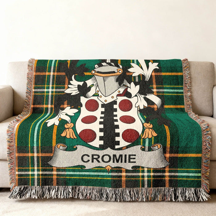 Cromie crest woven through an Irish National Tartan throw.