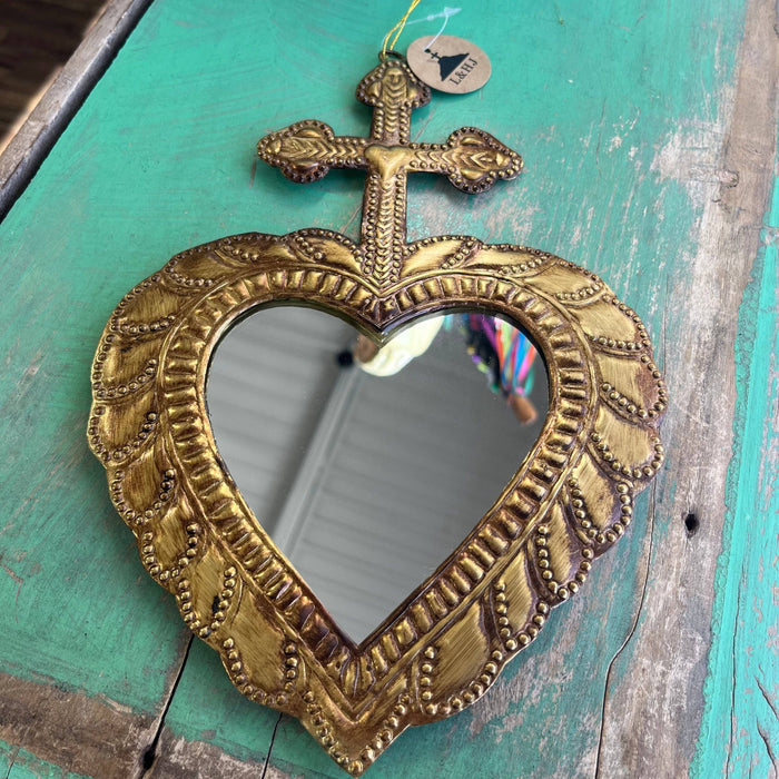 Small Cross on Heart TIn Mirror Handmade