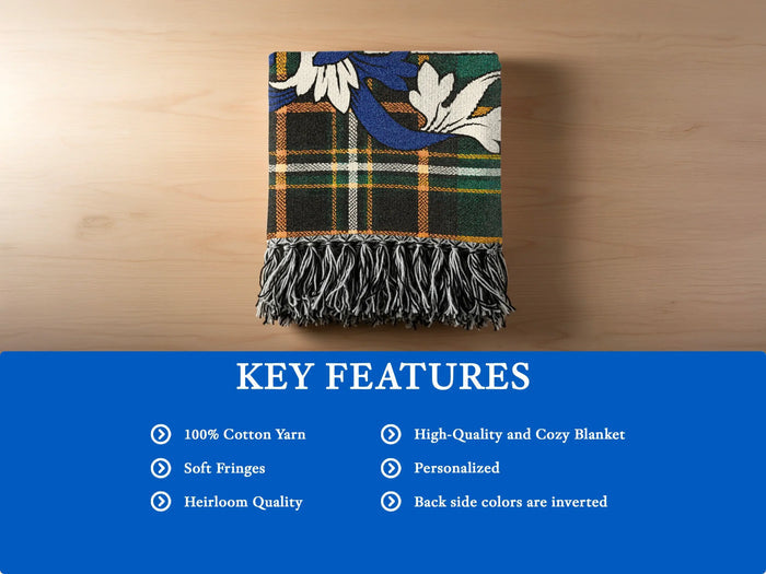 Crowley woven blanket opened to show the full Irish National Tartan design
