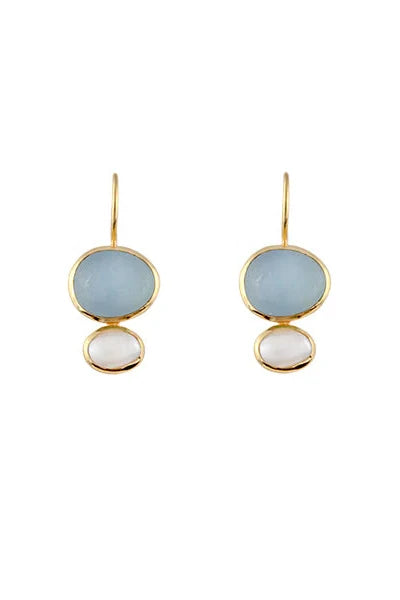 Pair of earrings with gold frames and blue and white stone drops on a white background