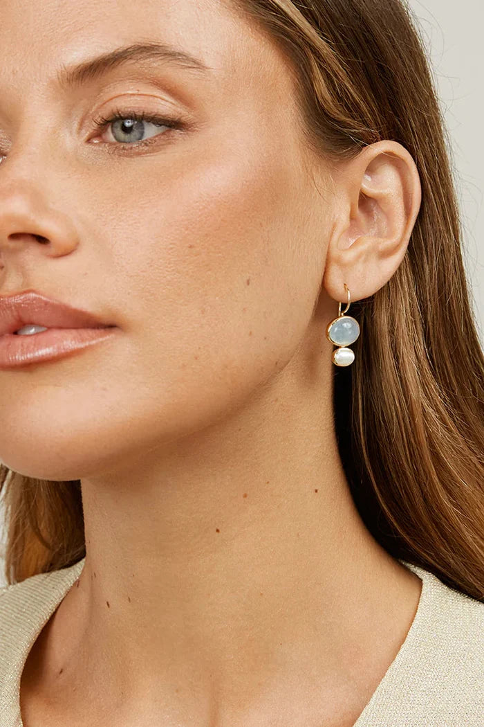 A close-up of a woman wearing a delicate double-drop dangle earring with a small silver-toned top and two pale blue-gray round drops, set against a soft light gray background.