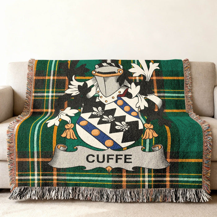 Detail of the Cuffe crest woven into Irish National Tartan.