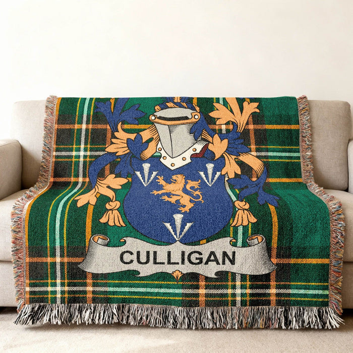 Culligan crest woven into an Irish National Tartan throw.