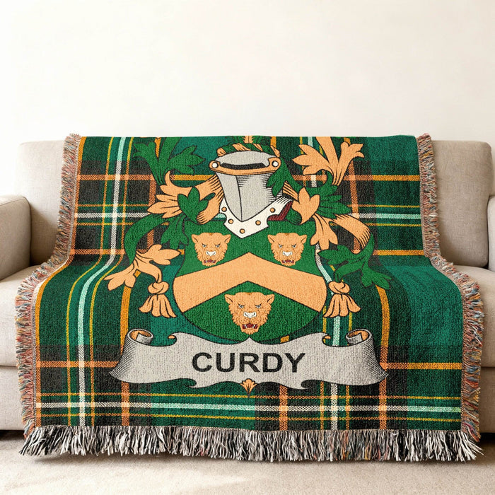 Curdy crest woven into an Irish National Tartan cotton throw.