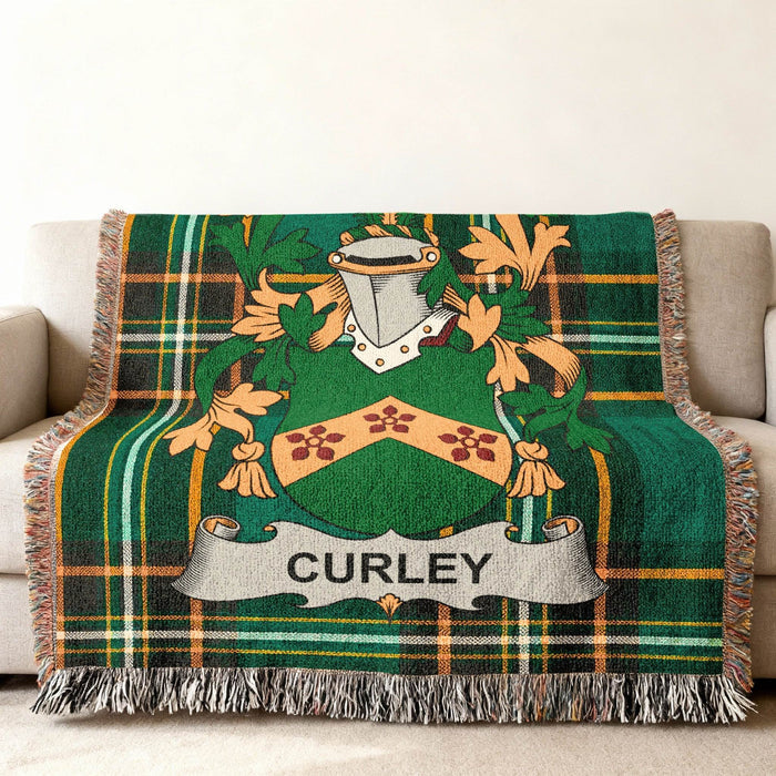 Curley crest woven into an Irish National Tartan cotton throw.