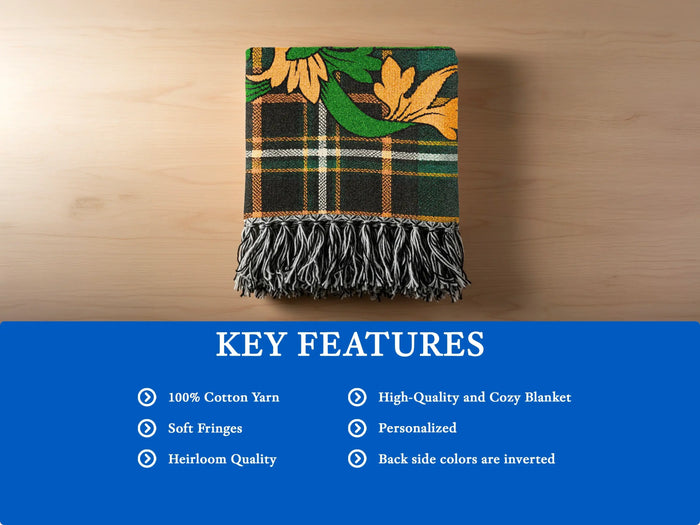 Curley woven blanket laid flat to show the full tartan design.