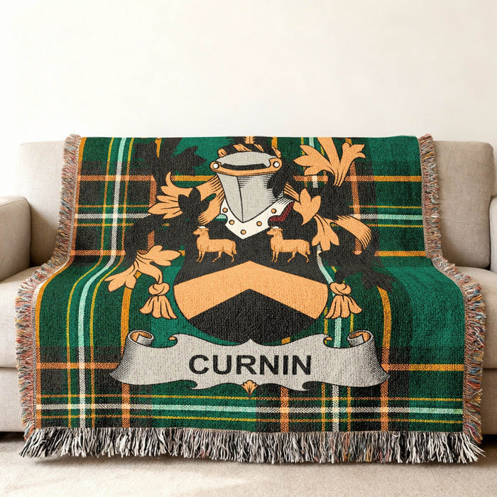 Curnin crest woven into an Irish National Tartan cotton cloth.