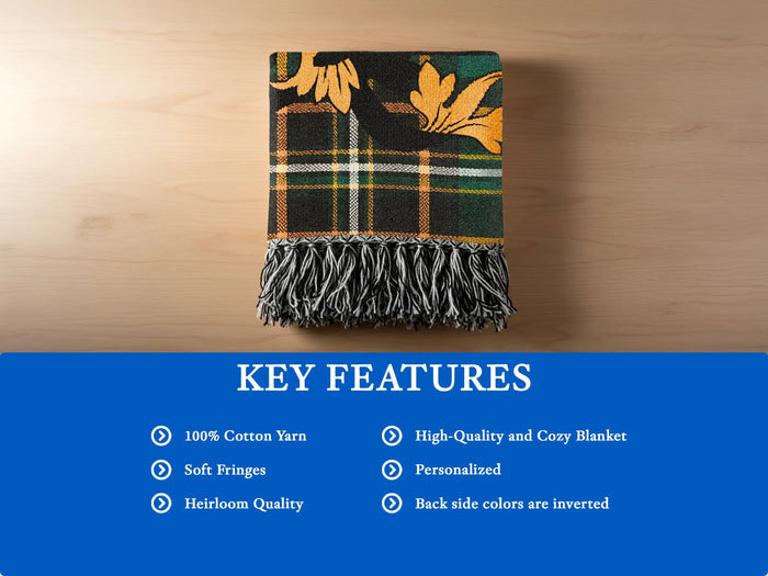 Curnin woven blanket opened flat to show the tartan pattern.