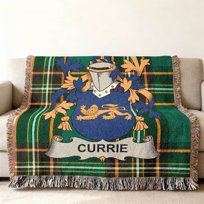 Currie crest woven into an Irish National Tartan cotton throw.