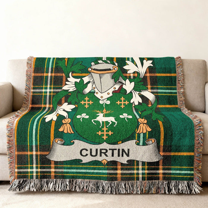 Curtin crest woven through an Irish National Tartan cotton throw.