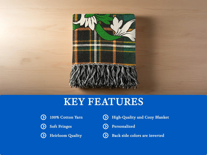 Curtin woven blanket opened to show the complete tartan design.
