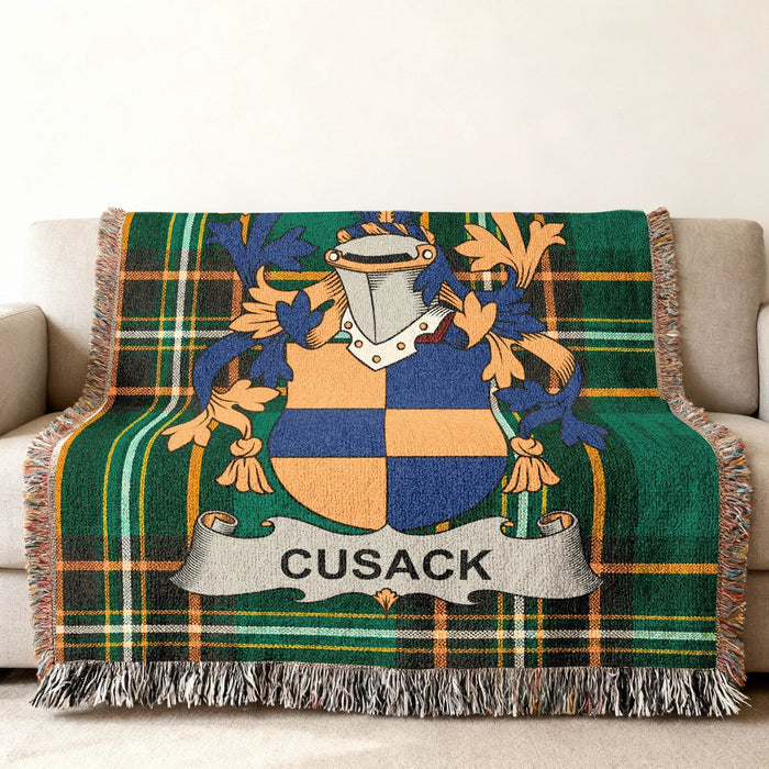 Cusack crest woven into an Irish National Tartan cotton throw.