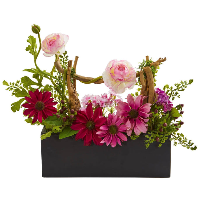 Daisy & Ranunculus Artificial Arrangement in Black Vase