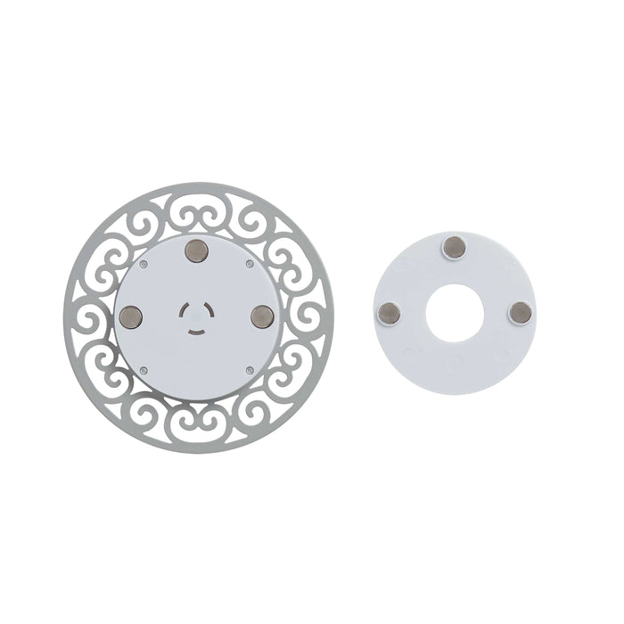 Decorative magnetic screen thermometer with a gray ornate circular frame and a white dial