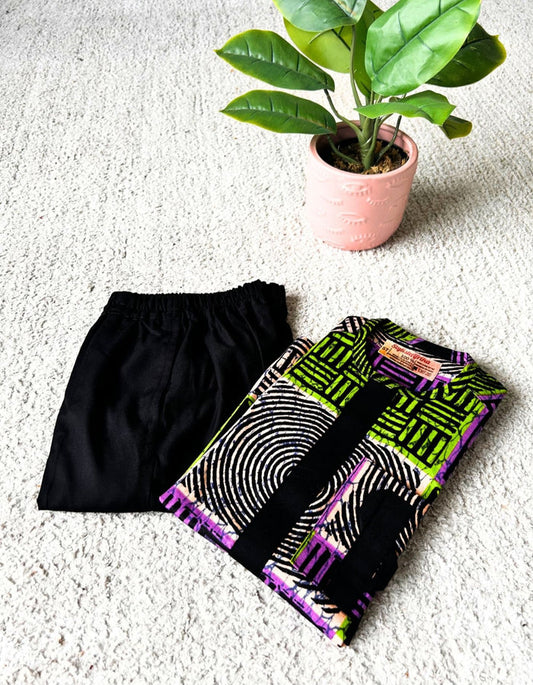 Dejo Boys African Co-Ord Set in with Black Matching Pants