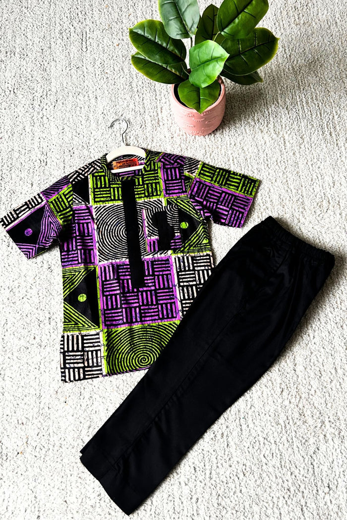 Dejo Boys African Co-Ord Set in with Black Matching Pants